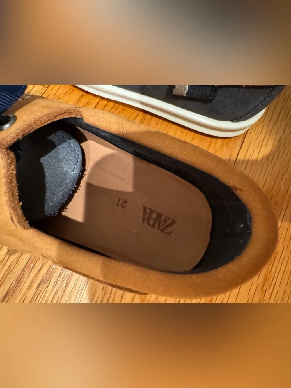 ZARA toddler boy 5.5 Navy Tan Boat Shoes moccasins nautical boating